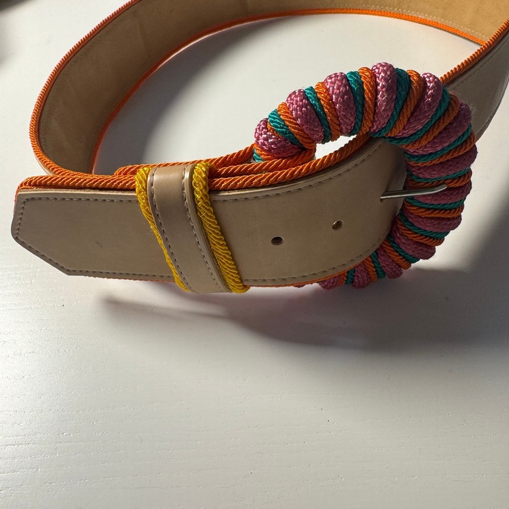 Vintage Tan Wide Belt Multi Color Rope Wrapped Buckle Boho Dopamine Maximalist